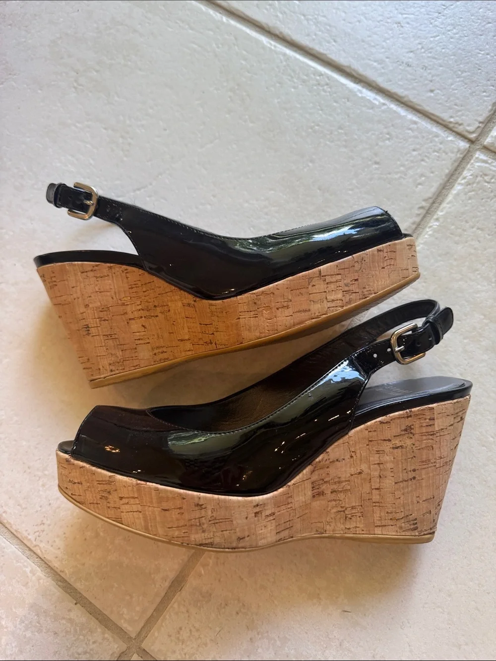 Stuart Weitzman Black Patent Cork Wedge peep toe Sandal Size 8